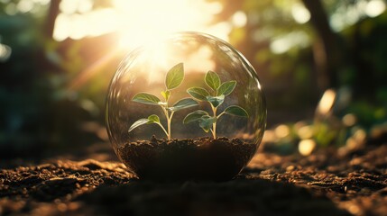 Glass orb with growing plants against sunlight in natural environment