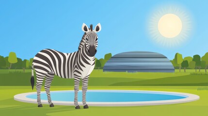 Cartoon zebra standing near pool with sunny day background