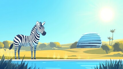 Cartoon zebra stands beside reflective water and landscape