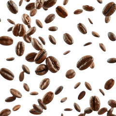 Roasted coffee beans falling and floating in mid air against a dark black background