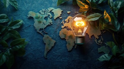 World map with illuminated lightbulb representing energy and ideas concept