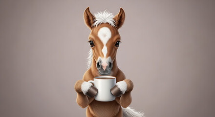 Adorable foal holding a mug of coffee with its hooves against a soft background looking directly at the viewer