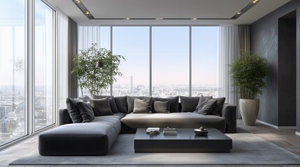 Modern Living Room: A contemporary living room showcasing an open space with elegant design, ample natural light pouring through expansive windows, comfortable furnishings, and refined decor.