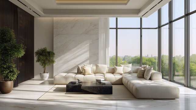 Modern Living Room with Natural Light: A spacious, sun-drenched living room boasts minimalist décor, with plush seating and a panoramic view inviting tranquility and modern luxury.