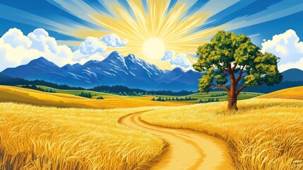 Golden landscape with sunburst tree road and mountains under a blue sky