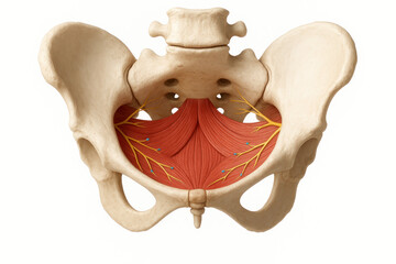 Anatomical illustration of human pelvic floor muscles and nerves, showing the sacrum, ilium, ischium, and obturator internus muscle with nerve branches.