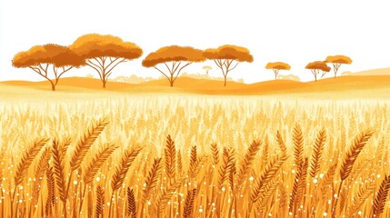 Illustration of golden wheat field and trees under a bright sky background