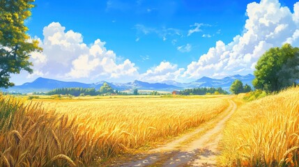 Golden wheat field under blue sky with mountains and roadside view