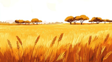 Illustration of a golden wheat field with trees under a bright sky