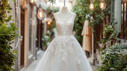 Elegant white wedding dress on a mannequin displayed outdoors with soft lighting