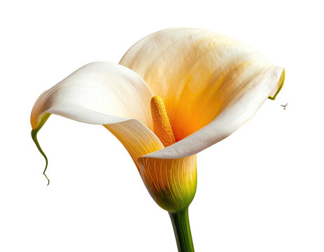 Close-up of a single, pale yellow-cream Calla lily.  Soft, elegant petals gracefully curve outward, with a prominent, golden-orange center.  Dark background isolates the flower