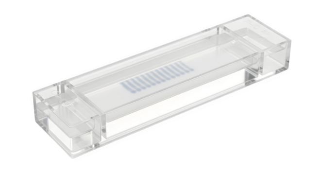 A clear electrophoresis gel box isolated on transparent background, essential laboratory equipment for scientific research and molecular biology analysis