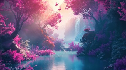 Dreamy landscape of pink trees and waterfall with sunlight and birds