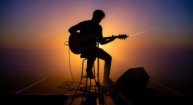 Silhouette of a Guitarist Playing at Sunset.