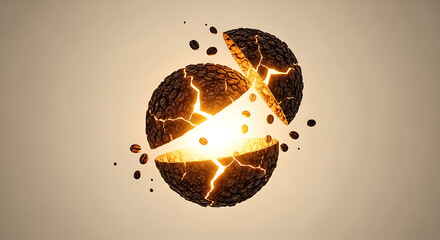 Exploding coffee bean sphere with glowing cracks and floating beans against a neutral background for energy concepts