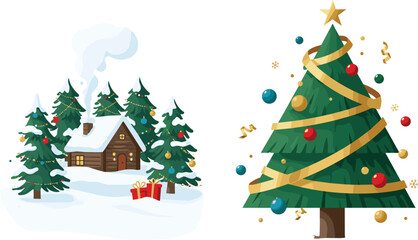 Christmas cabin in snowy forest, decorated pine trees, holiday gifts, festive lights, golden star, Christmas ornaments, winter wonderland, magical holiday celebration