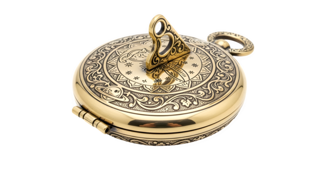 Antique golden pocket watch, isolated on transparent background, showcasing intricate engravings and timeless elegance of a bygone era in horology