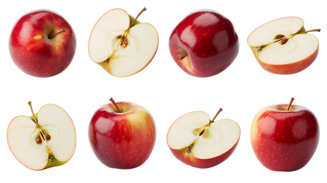 Fresh ripe red apples whole and sliced displayed in a grid pattern isolated on transparent background