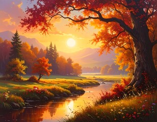 Autumn landscape painting of a serene river valley at sunset