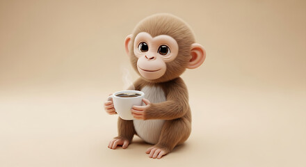Cute cartoon monkey holding a steaming cup of coffee sitting on a beige background looking forward with a smile