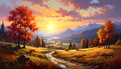 Autumn landscape painting. Scenic vista