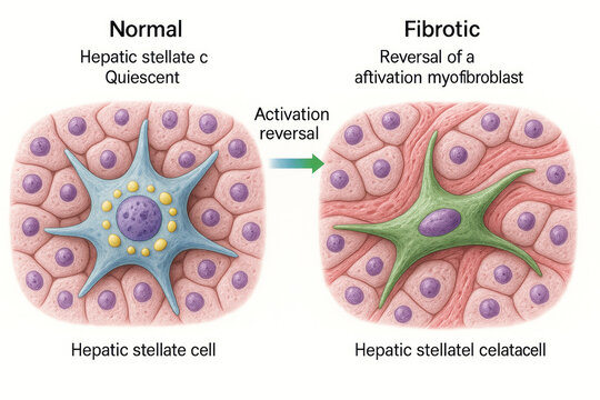 Illustration depicting normal quiescent hepatic stellate cells transitioning to fibrotic myofibroblasts through activation reversal.