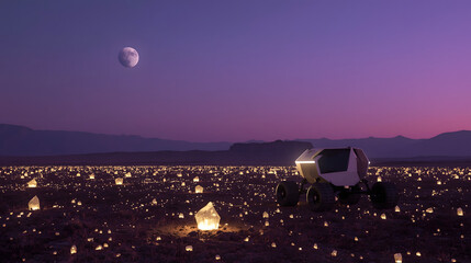Obraz premium Alien Surface Exploration with Glowing Crystals, Futuristic Rover on Exotic Planet, Mining for Interstellar Gems at Twilight
