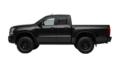 Dark, matte-black pickup truck, profile view,  with off-road modifications