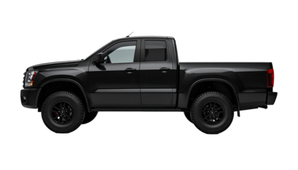 Dark, matte-black pickup truck, profile view,  with off-road modifications
