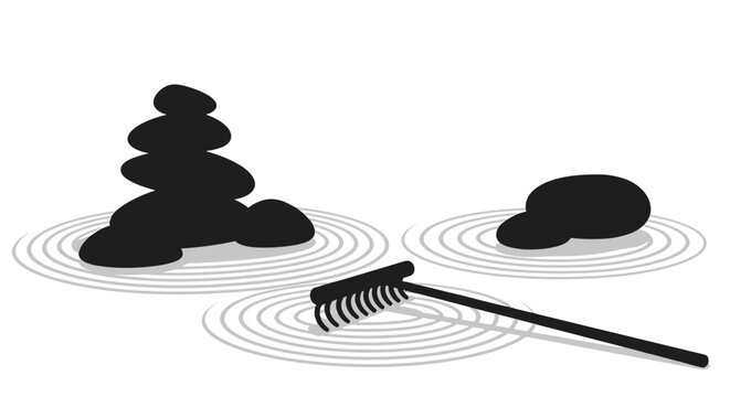 Zen Garden: A serene minimalist illustration of a traditional Japanese rock garden, with artfully arranged stones and meticulously raked sand patterns, promoting mindfulness and tranquility.