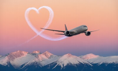 Airplane traces a heart shape in the sky over snow-capped mountains at sunset