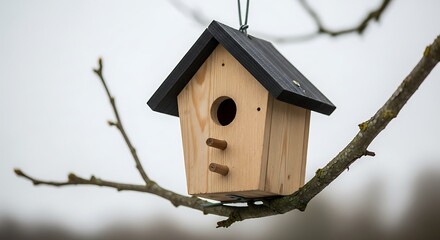 Small Wooden Birdhouse Hanging on a Tree Branch.