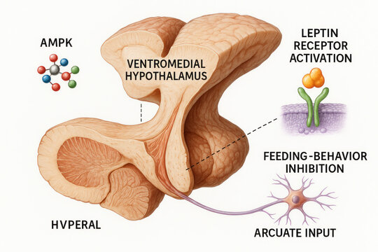 Illustration of Ventromedial Hypothalamus and associated signaling pathways influencing feeding behavior.
