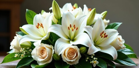 Fototapeta premium Opulent white lily and rose funeral wreath, lavish design , serenity, white roses