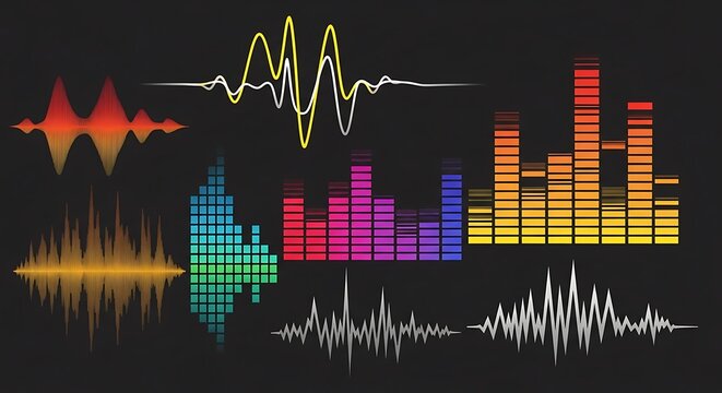 Sound wave equalizer and audio visualizer graphics collection.