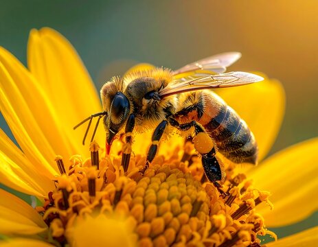Close-up of a bee collecting pollen from a bright yellow flower