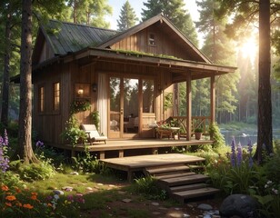 Charming wooden cabin nestled in a serene forest