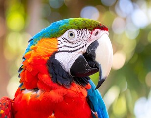 Close-up of a vibrant parrot's head and neck, showcasing its multicolored plumage against a blurred green background