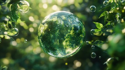 Transparent sphere with lush green foliage and bubbles in nature
