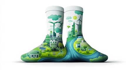 Eco friendly socks design with green landscape and clean energy illustration