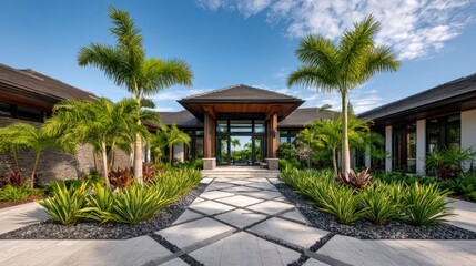 Fototapeta premium Contemporary tropical home entryway landscape