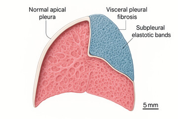 Microscopic view of lung pleura showing normal apical pleura, visceral pleural fibrosis, and subpleural elastic bands.