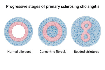 Illustration showing the progressive stages of primary sclerosing cholangitis, from a normal bile duct to concentric fibrosis and beaded strictures.