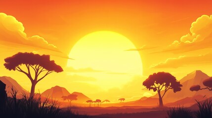 Sunset over african landscape with silhouettes of trees and mountains