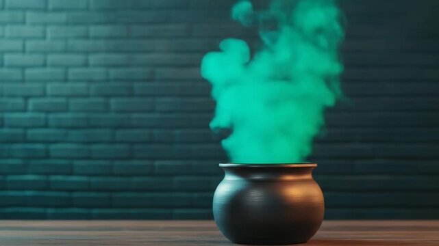Pot with green vapor cauldron magic potion preparation mystery concept