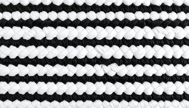 Close-up of a braided textile with horizontal black and white stripes