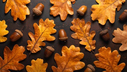 Autumn leaves and acorns on dark background