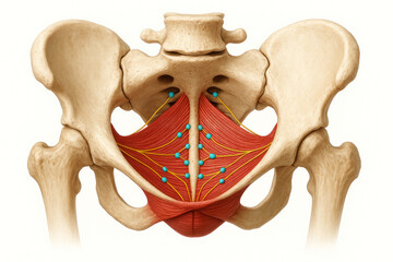 Detailed illustration of the human pelvic floor muscles and nerves, showcasing anatomical structures.