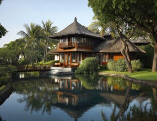 Naklejka premium A serene tropical estate, with a wooden house, reflecting beautifully in a tranquil pond.