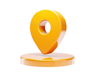 3D rendered, bright orange map marker icon, resting on a light peach-colored circular base